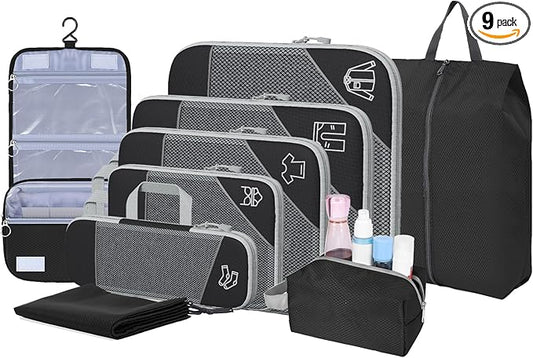 9-Set Packing Cubes with Hanging Bag | 9-Size Combination, Mesh Fabric & Reflective Stripe | Travel Luggage Organizers (Black)