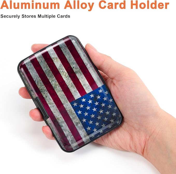 Mayski Credit Card Holder, RFID Blocking, Aluminum Alloy Hard Case, Small Mini Business Metal Wallet for Women Men, Flag