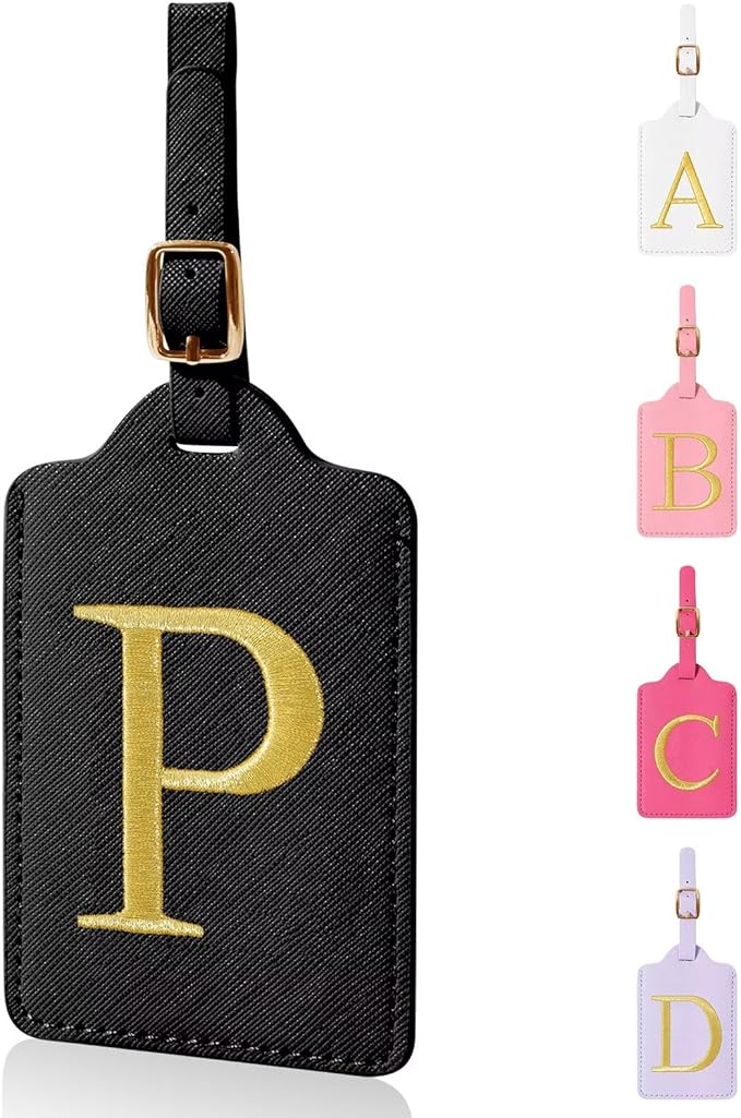 Personalized Initial Luggage Tags for Suitcases,Leather Letter Cute Luggage Tags with Privacy Name Card,Embroidered Monogrammed Travel Bag Backpack Tag Gifts for Women Kids Girls Teens(Black-P)