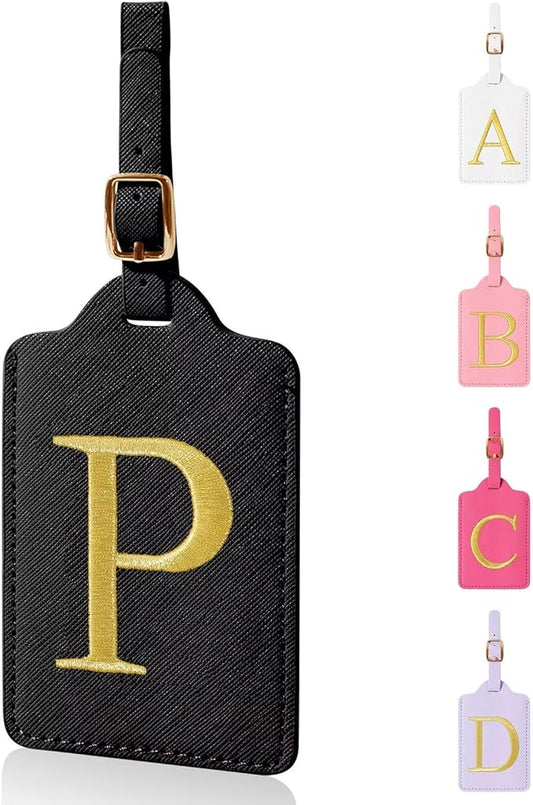Personalized Initial Luggage Tags for Suitcases,Leather Letter Cute Luggage Tags with Privacy Name Card,Embroidered Monogrammed Travel Bag Backpack Tag Gifts for Women Kids Girls Teens(Black-P)