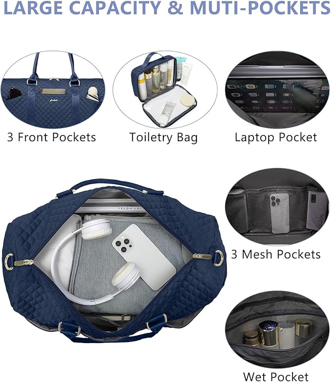 Women Weekender Travel Duffle Bag: Travel Duffel Overnight Bags with Shoe Compartment Large Carry on Tote with Toiletry Bag Weekend Traveling Yoga Gym Hospital Bag for Women with Wet Pocket Blue