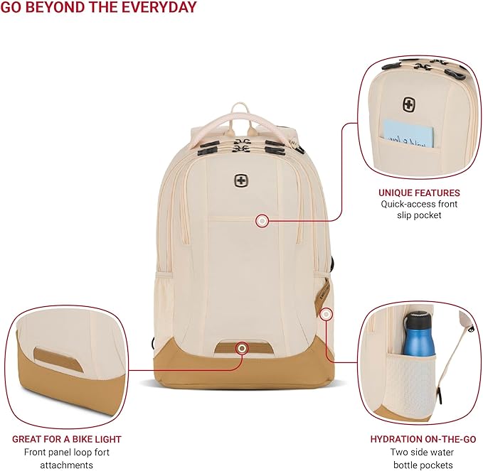 SWISSGEAR Cecil 18-Inch Laptop Backpack Fits 16-Inch Laptop, Travel Daypack with Organizer Pockets, Water Bottle Holders & Padded Straps – Cream/Warm Sand