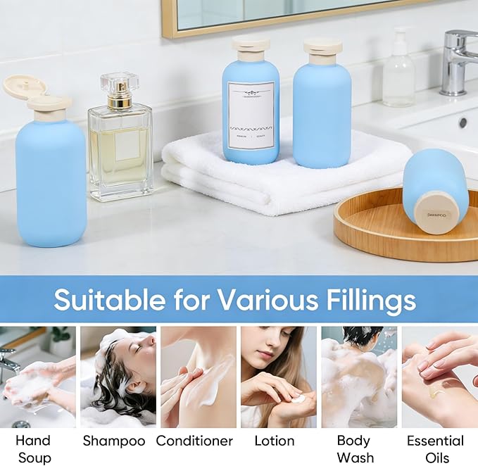 DEMORA 6.6oz Travel Bottles for Toiletries, Larger Plastic Travel Squeeze Bottles Leak Proof Refillable Toiletry Containers with Flip Caps and Labels for Shampoo Conditioner Lotion (Blue, 4 Pcs)
