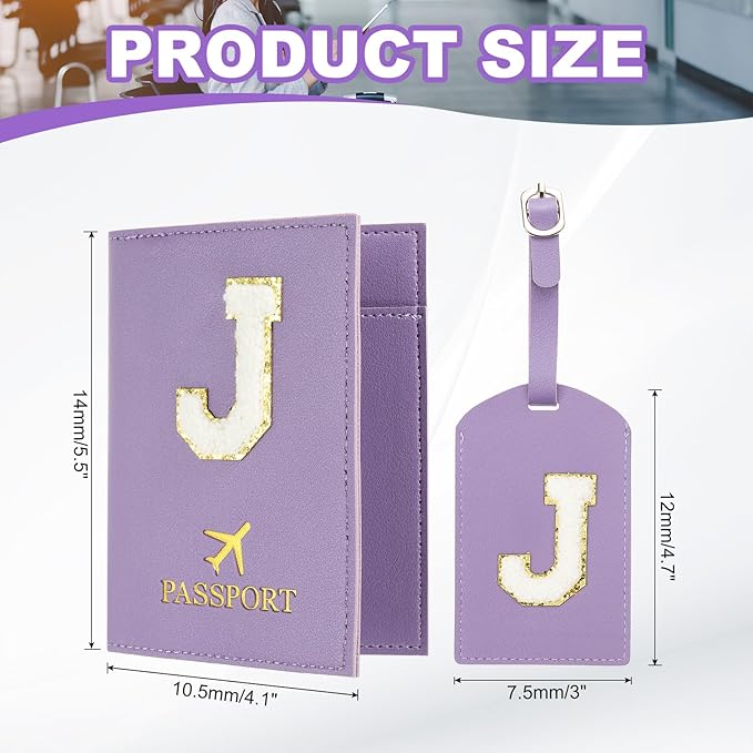PATIKIL Passport Holder for Travel, Initial Passport Cover and Luggage Tag Set with Alphabet Chenille Letter Patch Travel Wallet Bag Suitcase Identifier for Women Family Travel Purple J