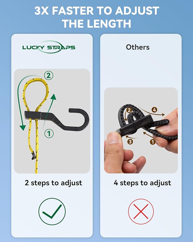 4 Pack 3 Way Flat Adjustable Bungee Cords with Hooks, Easy to Adjust The 3 Sides Length, Lucky Straps 30 Inch Black/Yellow Heavy Duty Tack Strap for Bike, Motorcycle, Roof Rack, Kayak, Cargo, etc