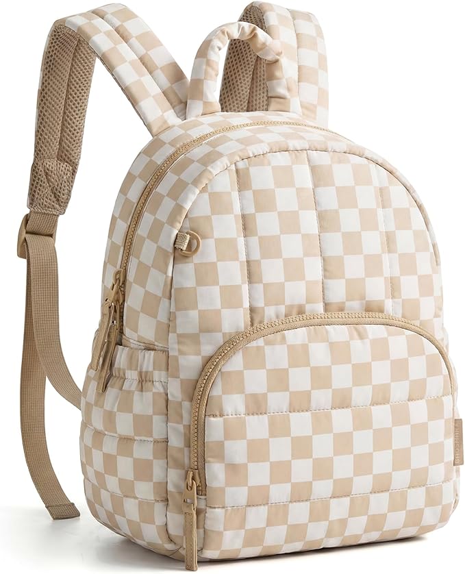 BAGSMART Mini Backpack for Women, Lightweight Puffer Small Backpack Purse, Quilted Casual Travel Daypack, Cute Water-Resistant Bookbag for Daily, Brown Checkered