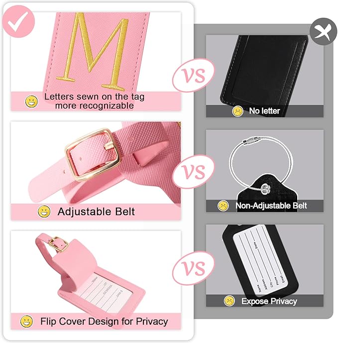 Personalized Initial Luggage Tags for Suitcases, Cute PU Leather Embroidered Letter Travel Luggage Tags, Suitcase Identifier Name Baggage Tag, Bag Tags for Men Women Kids Luggage Handbags(Pink M)