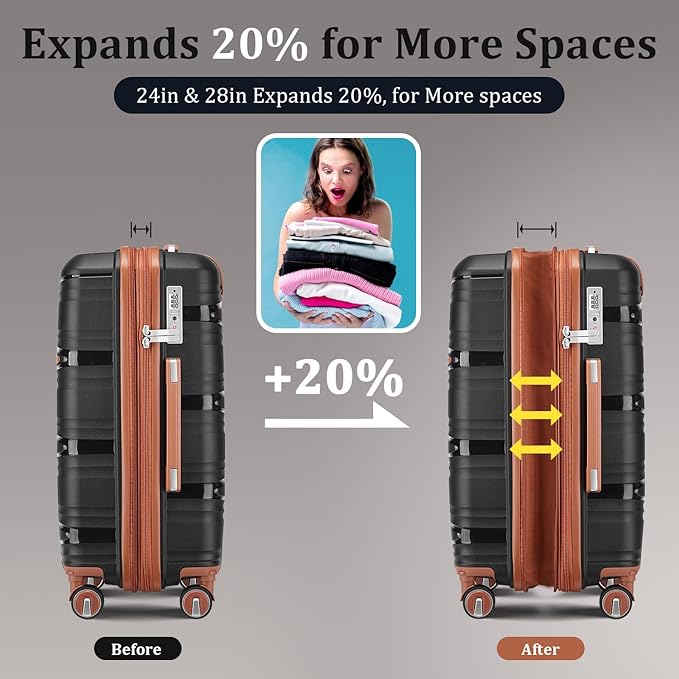 4 Piece Expandable Hardshell Pink Luggage Sets with Spinner Wheels, Lightweight Travel Suitcase Set with TSA Locks, 20 inch Carry On for Women (Black, 4 Piece Set)