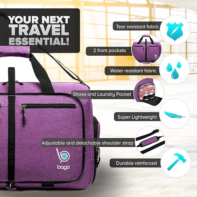Bago Compact Duffle Bag for Travel Women & Men. Durable Lightweight Foldable Travel Duffel Bags For Traveling Women. 40L Duffle Bags a Reliable Weekender duffel or Overnight Bag With Shoe Compartment