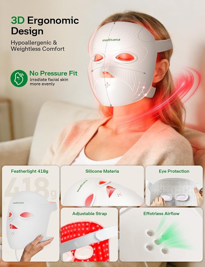 Medisana Red Light Therapy for Face, 3D Facial Fit LED Mask with 415nm Blue 630nm Red 830nm Infrared, 336 Beads, 3 Modes - Cordless & Rechargeable LED Face Mask for Home, Skincare Gifts for Women Mom