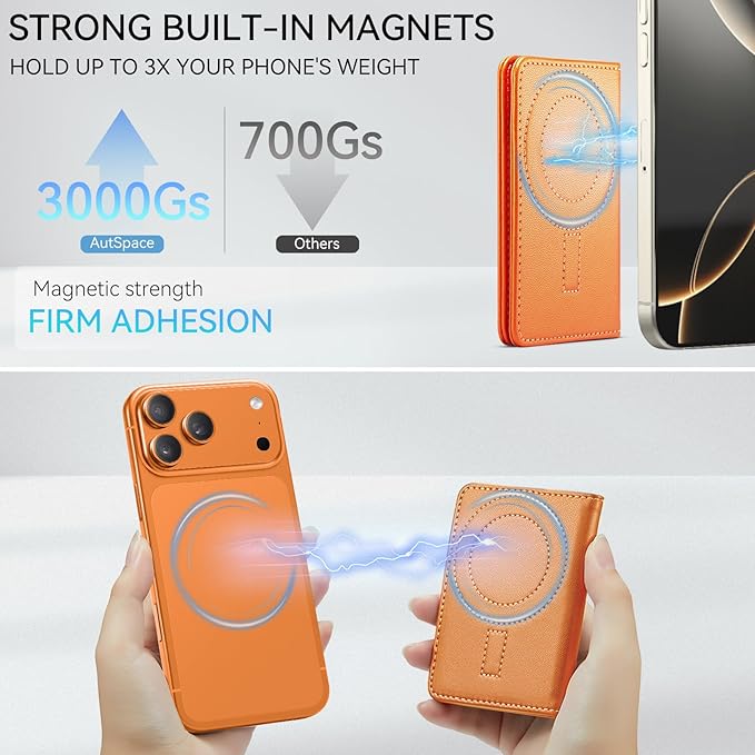 Vinich for MagSafe Wallet Magnetic RFID Blocking Card Holder Compatible with MagSafe Phones and Cases, Strong Magnet Minimalist Phone Wallet for iPhone 17/16/15/14/13/12/Pro/Max/Plus, Orange