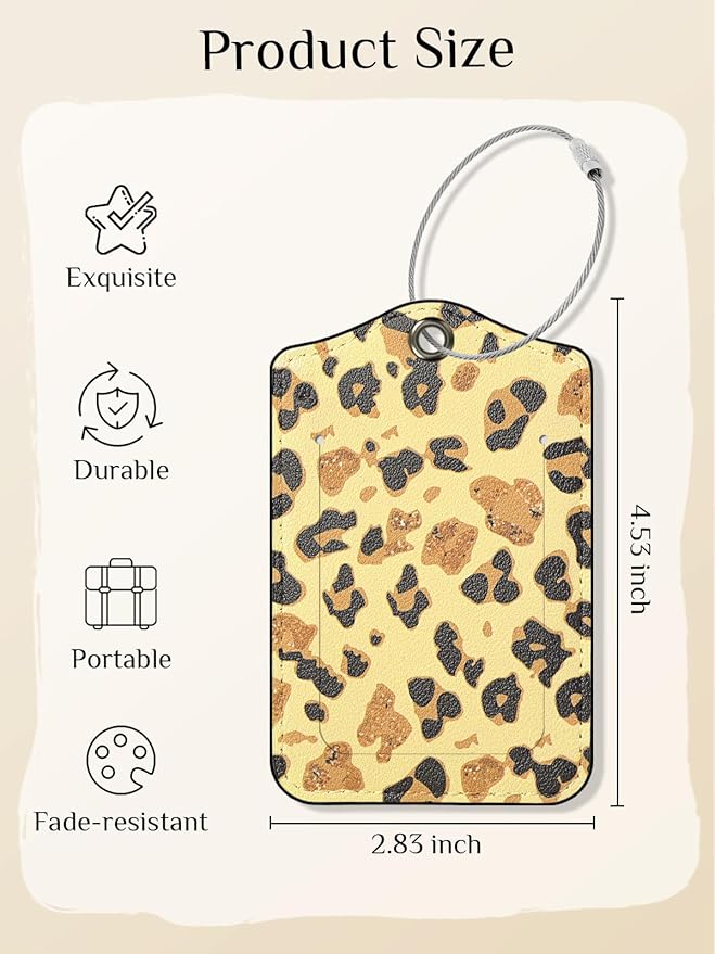 Seorsok 2 PCS Luggage Travel Tags for Suitcases,Cute Black Leopard PU Leather Name Tag with Privacy Cover&ID Label Address Card and Durable Metal Ring Suitable for Men Women Handbags Backpack,Golden