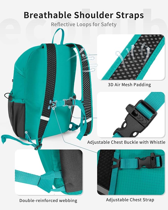 ECOHUB 15L Lightweight Casual Daypack, Packable Backpack for Daily Use, Hiking & Travel, Foldable Small Backpack with Stretch Mesh Pockets, Water-Resistant Nylon, Reflective Design