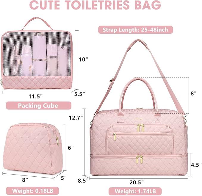 Large Women Travel Duffle Bag - Carry on Overnight Bag Weekend Travel Duffel Tote Gym Bag with Wet Pocket Toiletry Weekender Overnight Bag for Travel Business Trips Sports Hospital Pink 3 Pcs Set