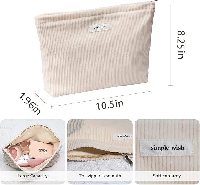 Wudygirl Travel Makeup Bag Large Capacity Cosmetic Bag for Women Corduroy Toiletry Pouch Handbags Zipper Purses Travel Essentials (Beige)