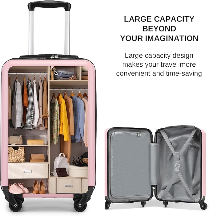 Kono 20-Inch Small Hardside Carry-on Suitcase with Spinner Wheels, Lightweight ABS+PC Rolling Cabin Suitcase for Airplane Travel (Pink, for 1-3 Days of Travel)