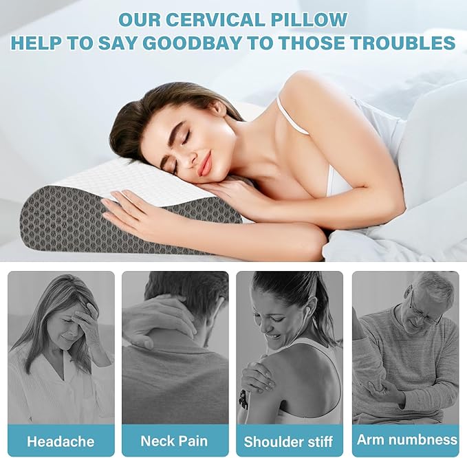 Neck Support Pillow for Pain Relief, Ergonomic Cervical Pillow for Sleeping, Orthopedic Contour Bed Pillow for Side, Back