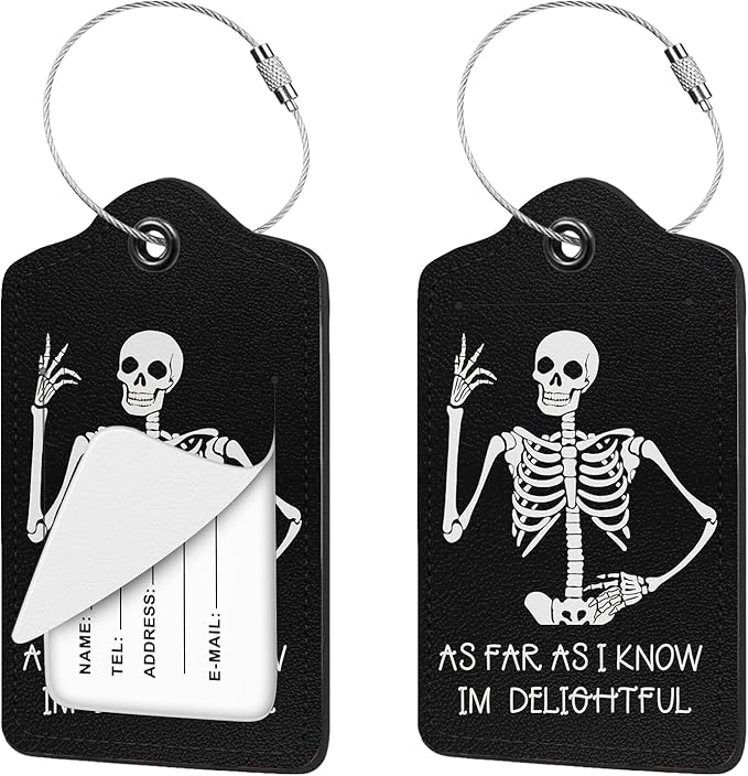 2 Pcs Luggage Tag for Suitcases, Funny Skull Skeleton PU Leather Suitcase Tag Privacy Cover ID Label with Metal Loop, Personalized Baggage Identifier for Women Cruise Bag Travel Essentials