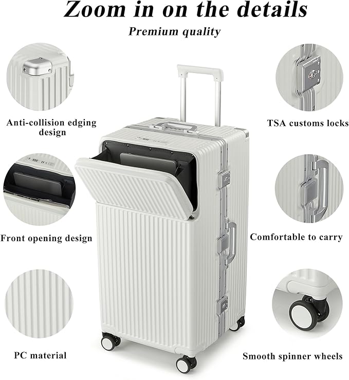 feilario 30in Super Large Captain Aluminum Frame Hardside Spinner Wheels Luggage, Zipperless Checked Suitcase with Front Compartment/Cup Holder/Phone Holder