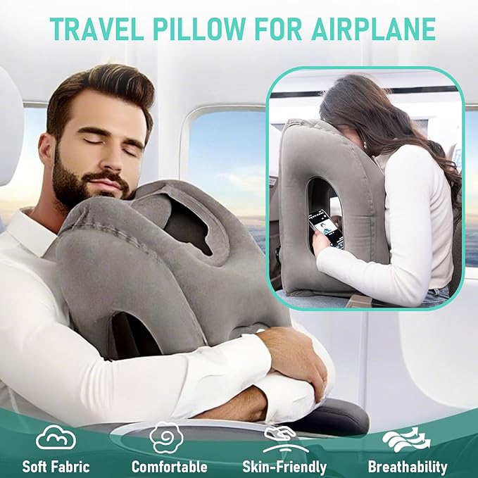 Inflatable Travel Pillow for Airplanes, Airplane Pillow for Long Flight Comfortably Supports, Used for Planes, Trains, Cars, Includes Storage Bag, Eye Mask & Earplugs (Grey)