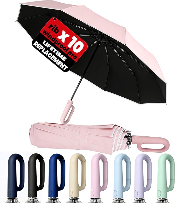 SIEPASA Travel Umbrella with Carabiner Handle - Windproof 10 Ribs Auto Open/Close for Rain & Sun Protection, Compact Portable Clip-on Backpack Design with Safety Reflective Strip.