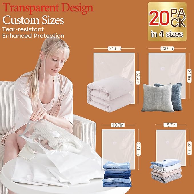 Vacuum Seal Bags for Clothing, 20 Pack Vacuum Storage Bags with Rechargeable Cordless Air Pump(5J+5L+5M+5S), Space Saver Bags for Clothes Blanket Duvets Pillows Comforters Travel