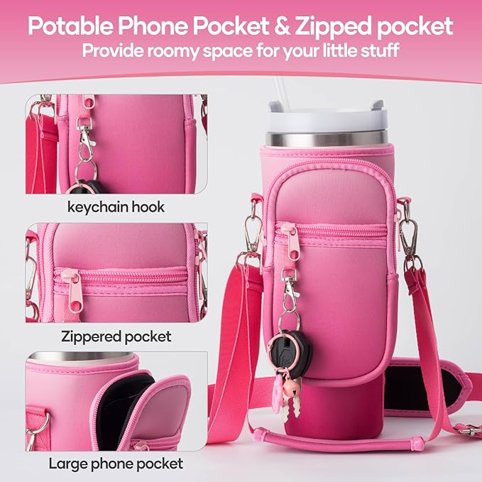 linmaya Water Bottle Carrier Bag for Stanley Cup 40/30oz with Phone Holder Pockets,Neoprene Water Bottle Cross-body Bag with Adjustable Shoulder & Hand Strap Stanley Cup Accessories