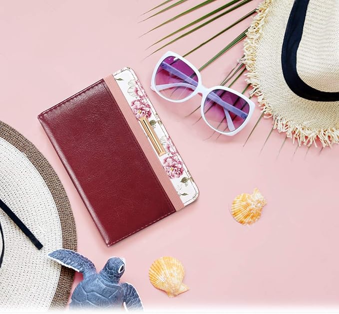 Passport Holder Cover Travel Wallet RFID Blocking Cute Flowers Passport Wallet with Elastic Band for Women,Red
