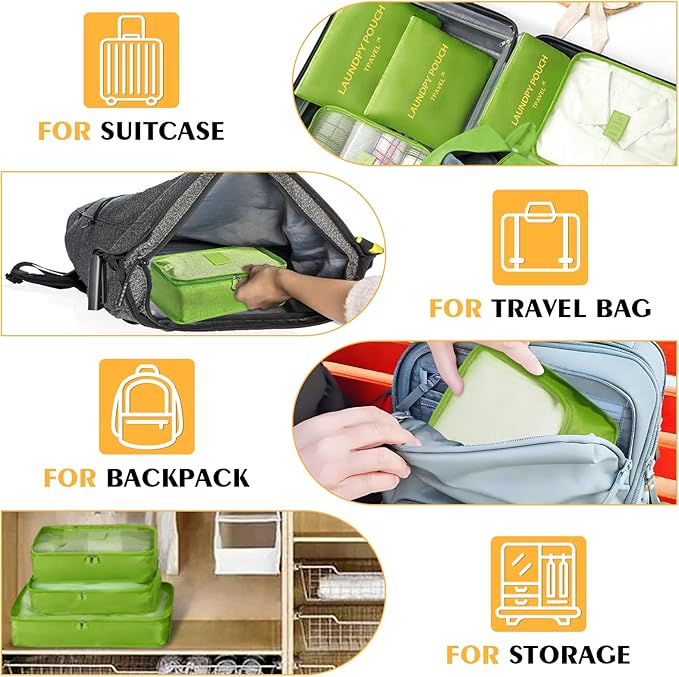 7 Set Packing Cubes for Travel Luggage Packing Bags Reusable Waterproof Suitcase Organizer Bags Set with Shoe Bag and Toiletry Bag (Green)