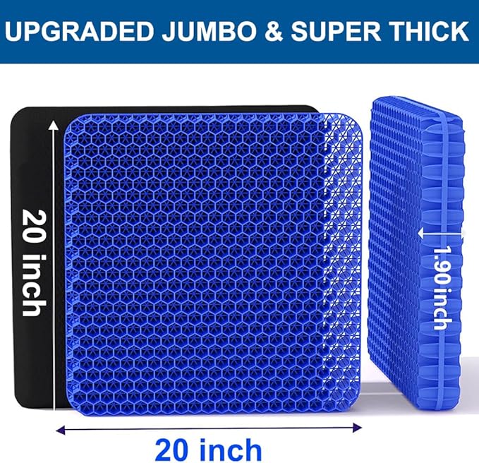 Gel Seat Cushion, Jumbo&Thick Gel Cushion Chair Pads with Non-Slip Cover for Home Office Car Seat Wheelchair, Soft Breathable Honeycomb Seat Pads for Relieve Hip Pain, Blue 20x20x1.9inch