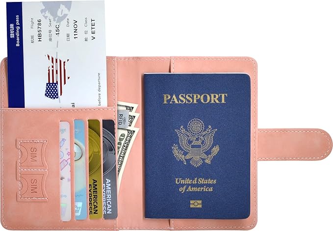 Passport Holder, Passport Cover with Credit Card Slot and Boarding Pass Slot Combo, Passport Wallet Case Book Travel Must Have, RFID Blocking Leather Travel Accessories, Pink