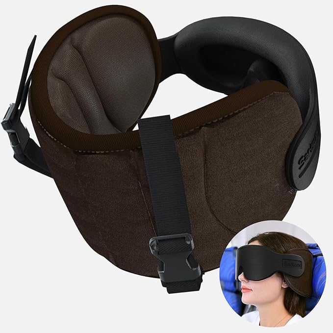 Travel Pillows for Airplanes, Airplane Pillow with Eye Mask for Long Flight, Airplane Head Strap for Sleeping, 360° Support Headrest for Car Trip, Stop Bobblehead Travel Essential, Dark Brown