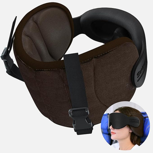Travel Pillows for Airplanes, Airplane Pillow with Eye Mask for Long Flight, Airplane Head Strap for Sleeping, 360° Support Headrest for Car Trip, Stop Bobblehead Travel Essential, Dark Brown