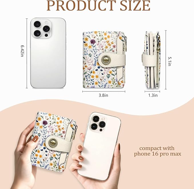 Icycay Floral Flowers Small Wallet Women RFID Blocking Bifold, Credit Card Holder, Zipper Coin Pocket, PU Leather, Compact, Travel, 4 ID Window, 14 Card Slots, Cash Purse, Ladies Woman Female Girls