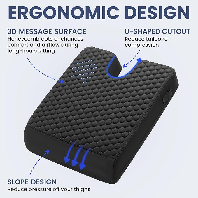 Wheelchair Seat Cushion with Honeycomb Message Dots & High Resilient Foam (18"x16"x3") - for Sciatica, Tailbone, Coccyx Pain & Pressure Sore Relief - Ergonomic Chair Cushion for Office, Car