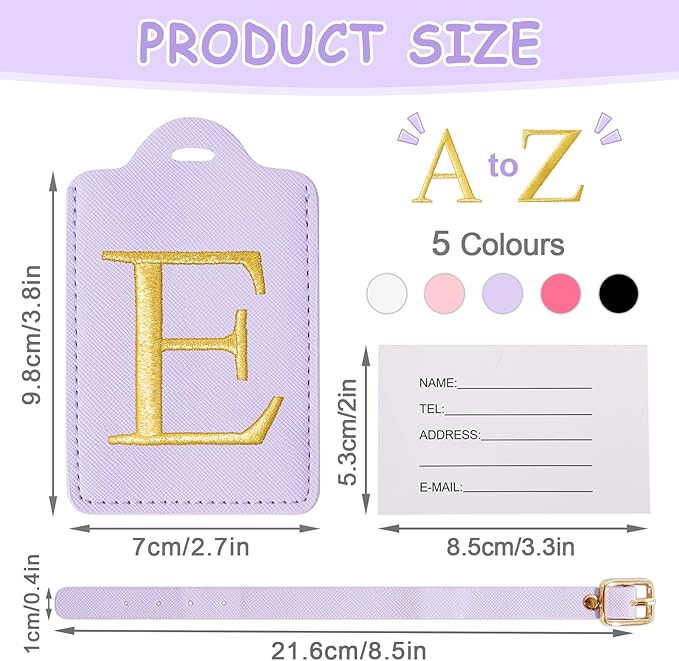 Initial Luggage Tags for Suitcases, Cute Embroidered Letter Luggage Bag Suitcase Identifier Name Baggage Tag, PU Leather Travel Luggage Tags, Bag Tags for Men Women Kids Luggage Handbags(Purple E)
