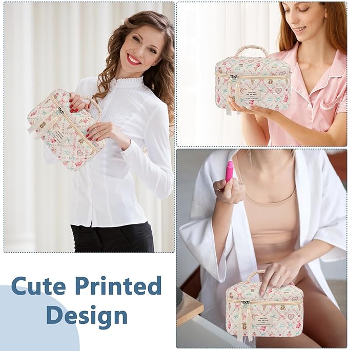 Large Makeup Bag, Cute Cosmetic Bag for Women Girls, Floral Coquette Aesthetic Toiletry Bag, Travel Make Up Organizer Bag(Love Bear