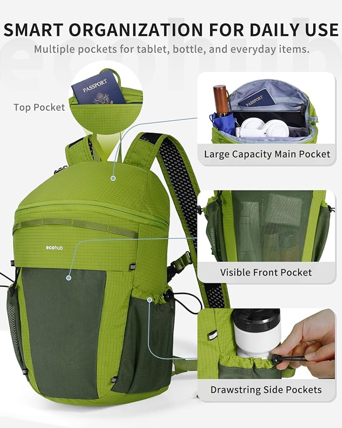 ECOHUB 15L Lightweight Casual Daypack, Packable Backpack for Daily Use, Hiking & Travel, Foldable Small Backpack with Stretch Mesh Pockets, Water-Resistant Nylon, Reflective Design