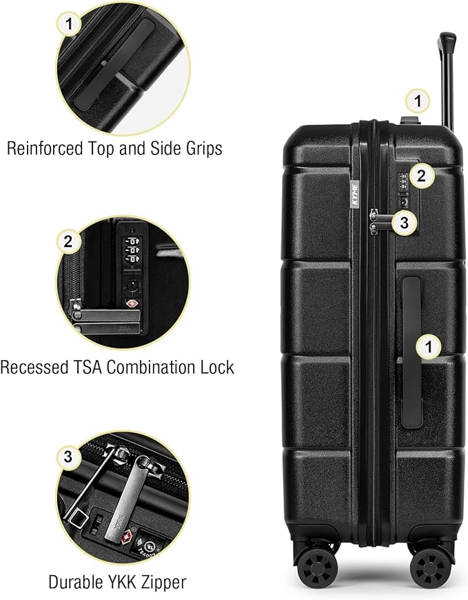 KYME Luggage Sets 2 Piece Suitcase Set Hardshell 20 inch/24 inch Luggage with Spinner Wheels Hardside PC+ABS Checked Large Suitcase with TSA Lock for Men Women Black