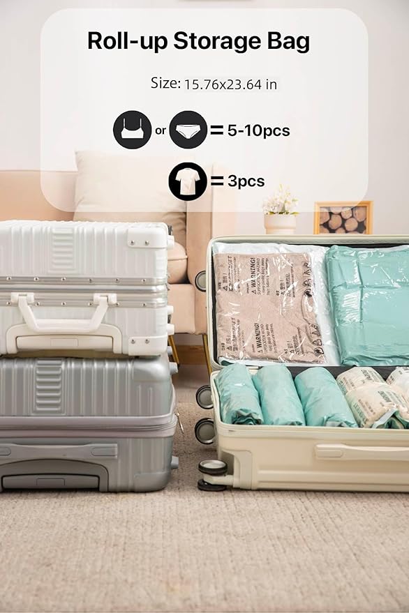 Vacuum Storage Bags for Clothing - NeatNest 6 Pack Roll-Up, 40×60cm (15.7"×23.6"), No Vacuum Needed, Compression Packing Bags for Clothes, Carry-On Luggage, Camping, and Travel