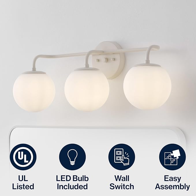JONATHAN Y Louis Parisian Globe 25" Vanity 3-Light, Almond | White Frosted Glass Shade, Midcentury Parisian Bistro Style, Metal Wall Lamp, Dimmable, Hardwired, LED Bulbs Included