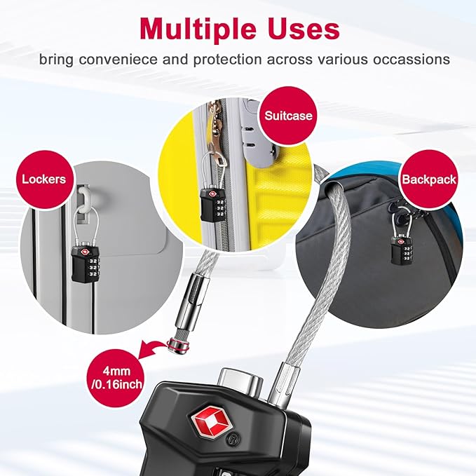 ZHEGE TSA Approved Cable Luggage Lock, Travel Lock, Keyless Padlock with 3 Digit Combination for Suitcase, Backpack, Bag, Toolbox, Gym Locker - Easy to Read & Use for All Ages (Black, 1 Pack)