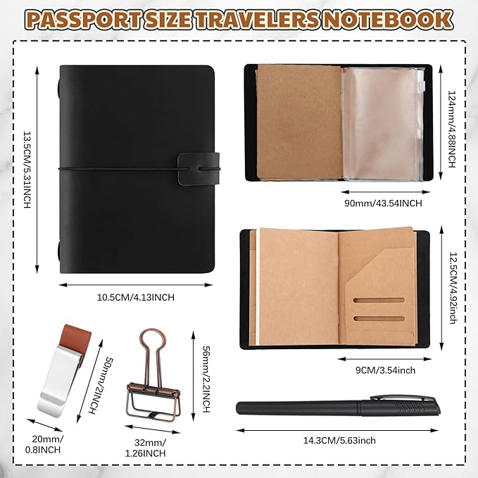 Thenshop Travelers Refillable Leather Journal Notebook Travel Diary Handmade Passport Travelers Journal for Men and Women with 3 Notebook Inserts, Pen Holder, Binder Clip(Black,Passport Size)