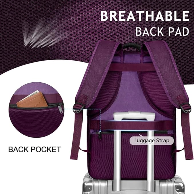MATEIN Large 45L Travel Backpack for Women, Airline Approved Carry on Backpack with Shoe Compartment, Water Resistant Luggage College Overnight Weekender Travel Bag Fit 18" Laptop, Purple