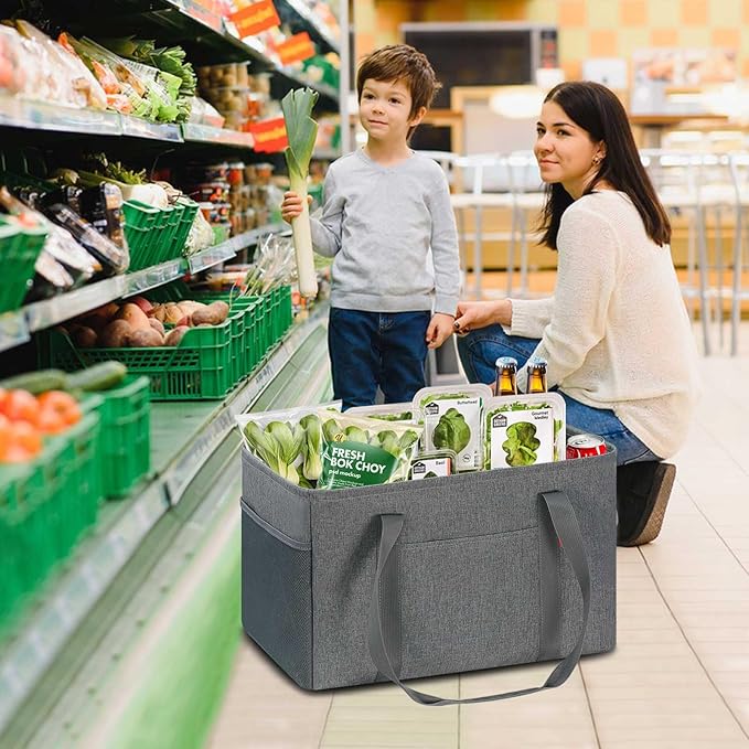 LHZK Standing Utility Tote Bag with Metal Wire Frame and the Sides Rinforced, Large Tote Bag with Handle, Reusable Grocery Bags Foldable, Beach Bag, Car Tote (Grey, 18.5''x11.8''x11.5'')