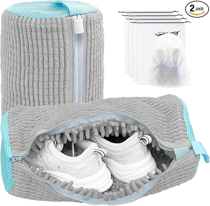 Shoe Washing Machine Bag,Laundry Shoe Bag for Washer and Dryer,Reusable Shoe Cleaning Bag for Sneakers,Tennis Shoes,With Self-locking Zipper, Microfiber Inside,Include Shoe Bag (Pro Grey - 2 Pack)