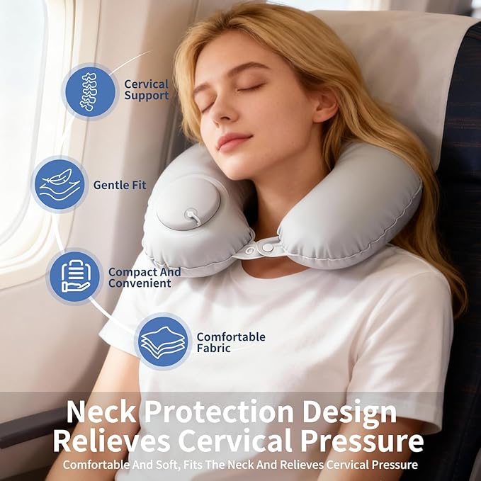 2 Pack Inflatable Travel Neck Pillow - Portable Airplane Pillow for Flights, Adjustable Neck Support for Cars & Trains (Grey)