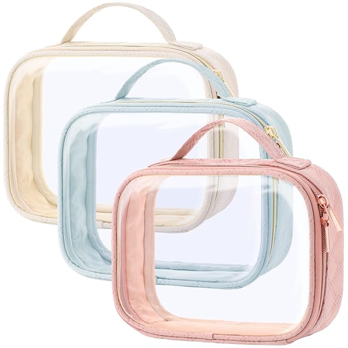 PACKISM TSA Approved Toiletry Bag 3 Medium, 3-1-1 Compliant Clear Makeup Bag with Handle, Quart Size Toiletry Bags Fit Carrv-on Travel Essentials, Water Resistant PVC, Grayish Blue, Rose Pink, Yellow