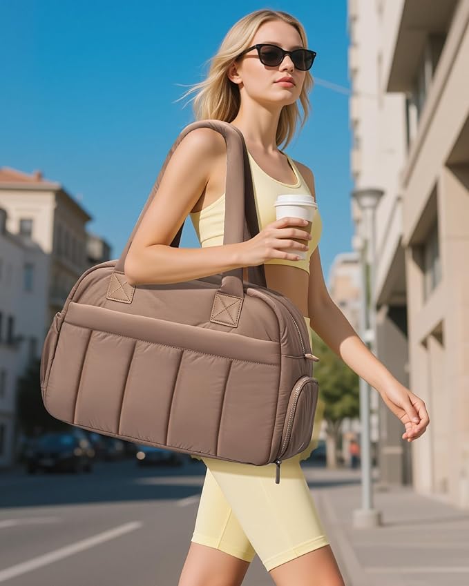 oscaurt Gym Bag for Women Puffer Duffle Bag for Travel Water Resistant Carry On Weekender Overnight Duffel Dance Bag with Shoe Compartment