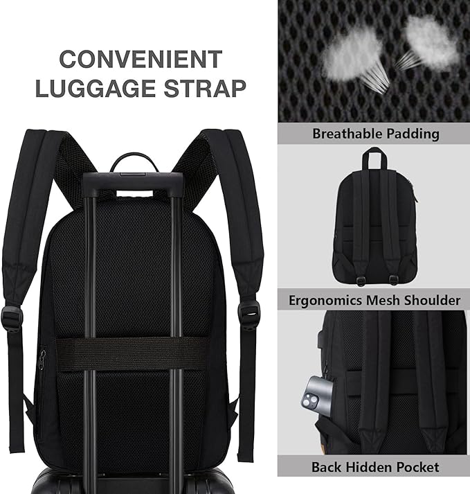 KEOFID Travel backpack for Men and Women, Anti Theft Laptop Backpack with USB Charging Port for Work, Large Bag for College, BLACK BOOK BAG FOR BOYS, GILRS Backpack,Water Resistent(Black)